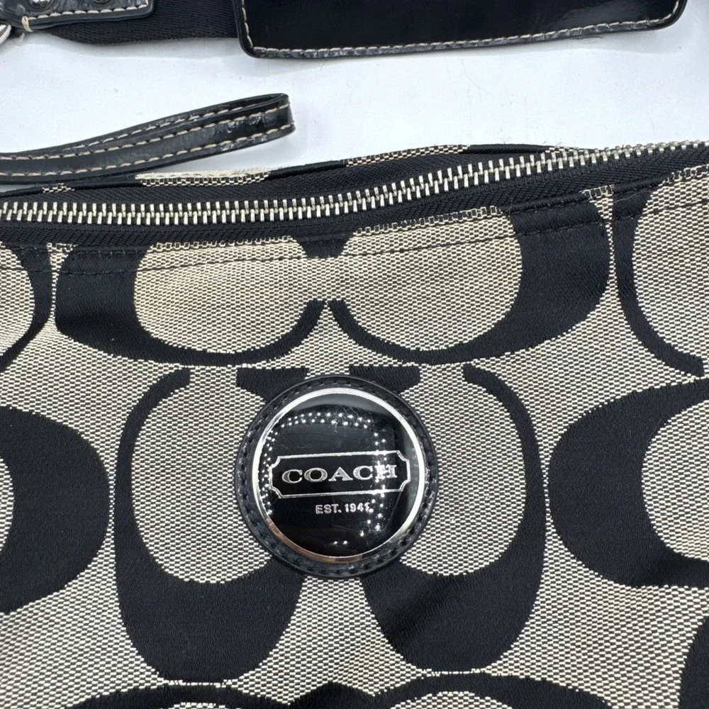 Coach F17434 Signature Stripe Hobo Satchel Purse Bag Black And Grey W/ Wallet